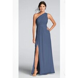 David's Bridal Dress Long Maxi One Shoulder Crinkle Chiffon Steel Blue Size 8